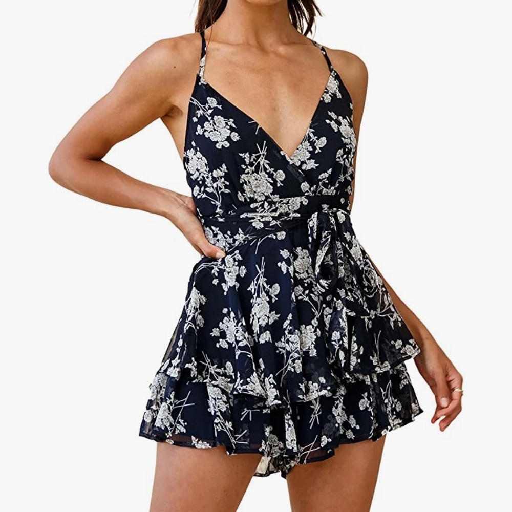 Navy & white floral romper